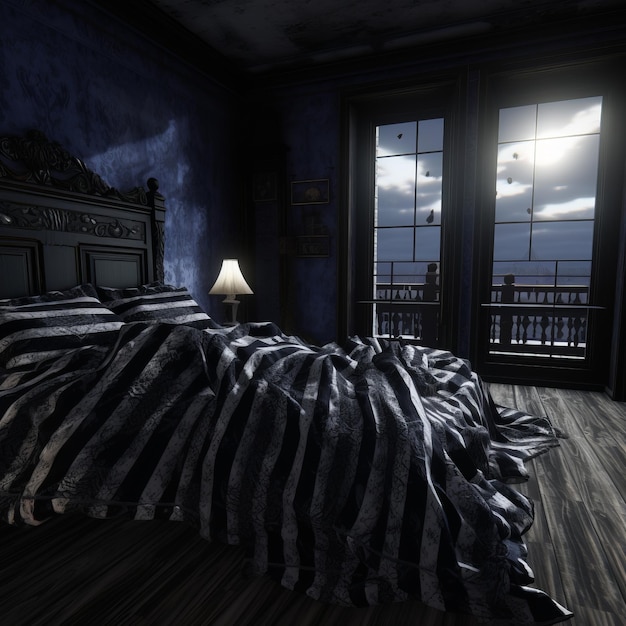 un letto in una stanza buia con vista sull'oceano