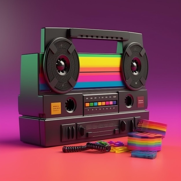 Un lettore di cassette multicolore con una striscia color arcobaleno.