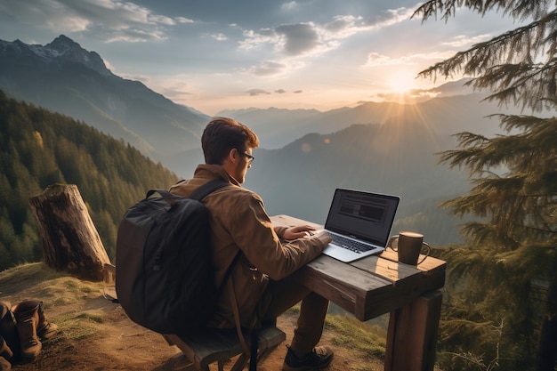 Un libero professionista che lavora online durante le escursioni in montagna Generative Ai