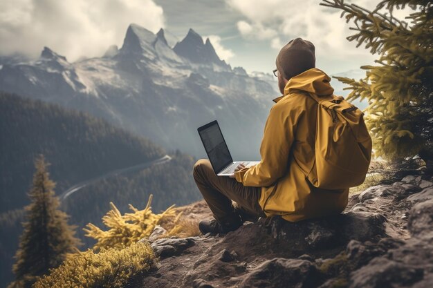Un libero professionista che lavora online durante le escursioni in montagna Generative Ai