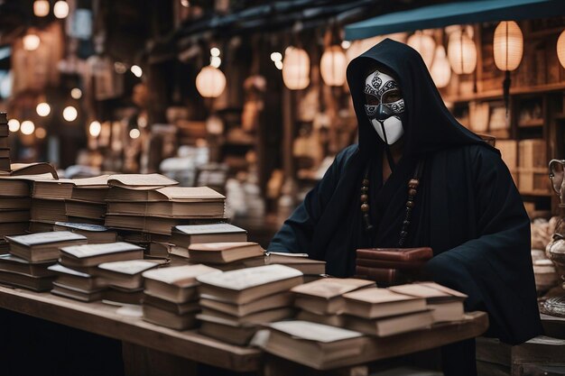 Un librario di strada Un venditore con una maschera aliena vende libri in un mercato di strada Un uomo alieno generato dall'AI