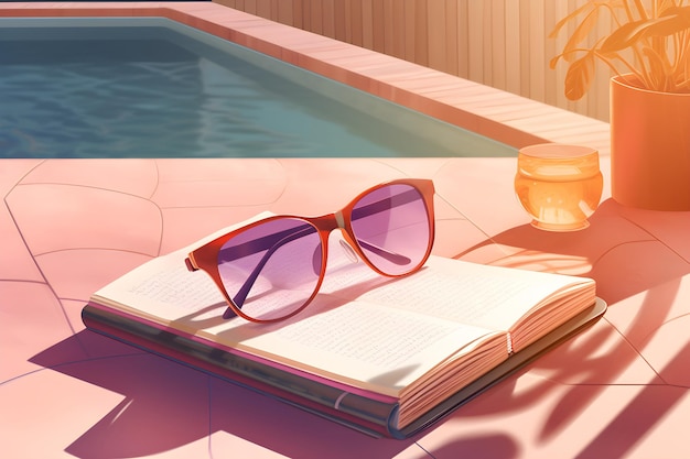 Un libro a bordo piscina con sopra gli occhiali da sole