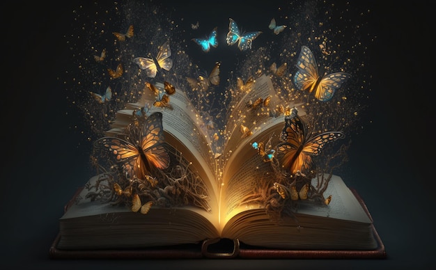 Un libro aperto a una luce splendente da cui volavano fuori delle farfalle.