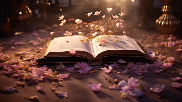 Un libro aperto con dei fiori che ne escono su un tavolo