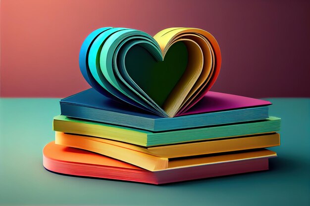 Un libro aperto con foglie arricciate a forma di cuore Amore per la lettura dei libri educativi