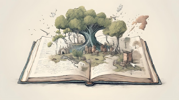 Un libro aperto con sopra un albero