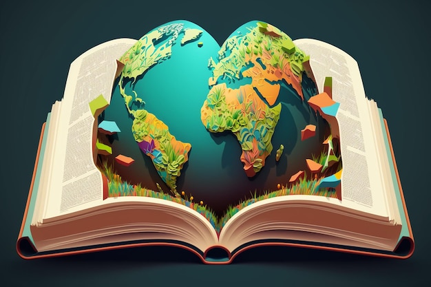 Un libro aperto con sopra una mappa del mondo