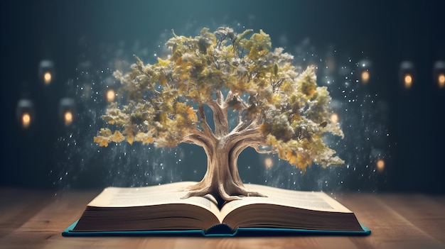 Un libro aperto con un albero che cresce da esso IA generativa