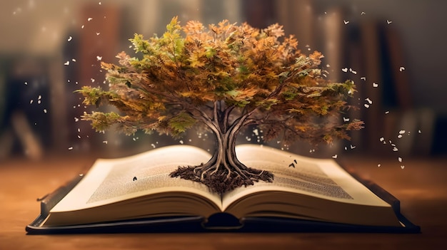 Un libro aperto con un albero che cresce da esso IA generativa