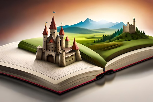 Un libro aperto con un mondo immaginario che spunta fuoriUn'illustrazione di un castello su un libroGenerativo