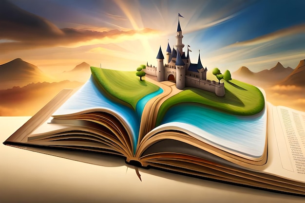 Un libro aperto con un mondo immaginario che spunta fuoriUn'illustrazione di un castello su un libroGenerativo