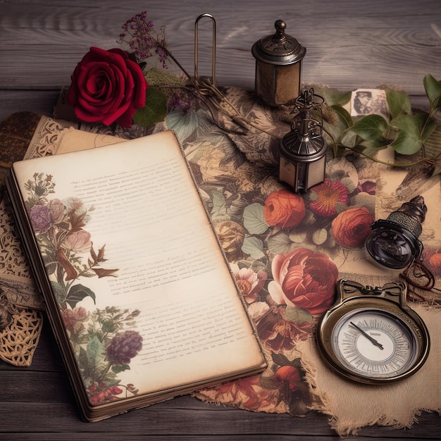 un libro aperto con una rosa e un orologio da tasca.