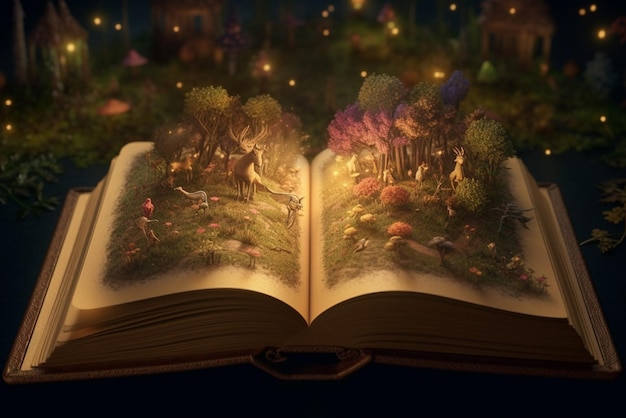 Un libro aperto con una scena di foresta in copertina generative ai