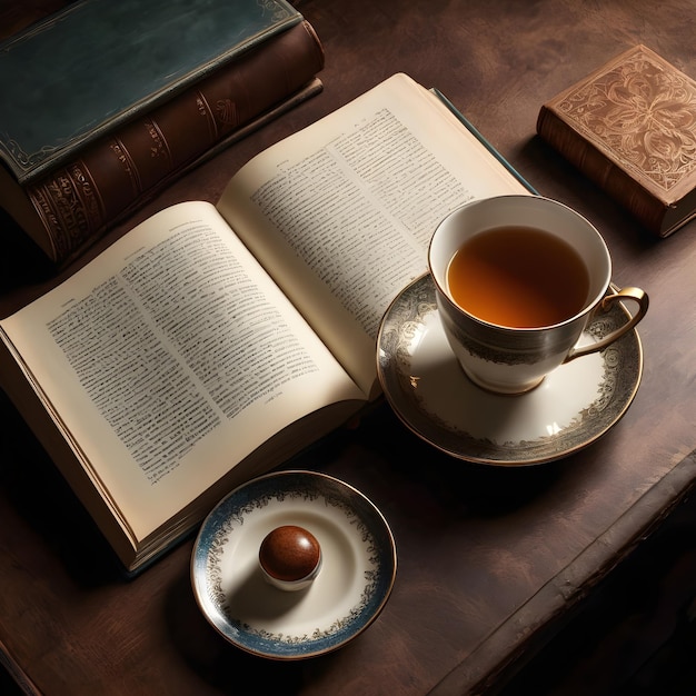 Un libro aperto con una tazza di tè e un piatto