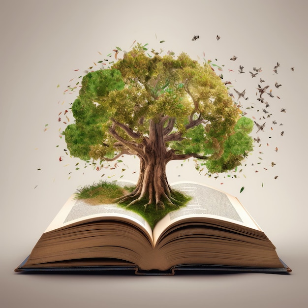 Un libro aperto da cui cresce l'albero della conoscenza IA generativa