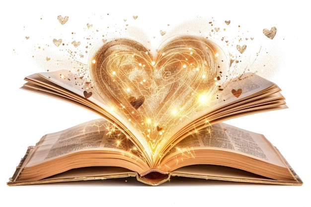 Un libro aperto emette un cuore luminoso e scintille magiche che simboleggiano l'amore per la lettura