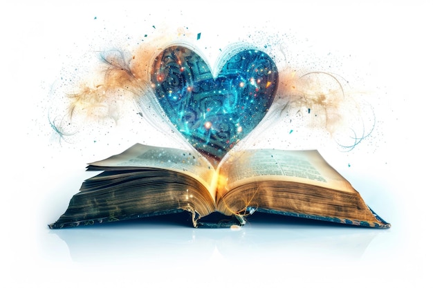 Un libro aperto emette un cuore luminoso e scintille magiche che simboleggiano l'amore per la lettura