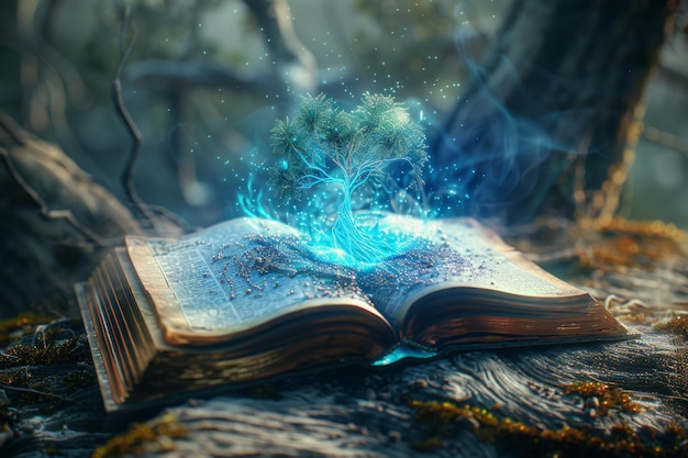 Un libro aperto getta un albero luminoso creando un'aura di magia in una foresta crepuscolare