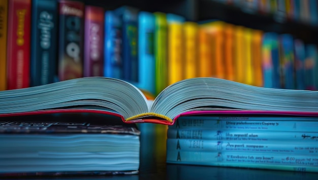 Un libro aperto in cima a una pila di scaffali di libri pieni di vari colori di copertina rigida e copertina morbida sullo sfondo