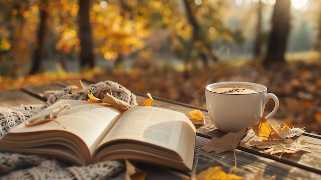 Un libro aperto si trova su un tavolo di legno coperto di foglie cadute una tazza di caffè si trova accanto ad esso