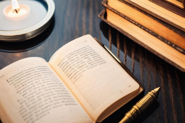 Un libro aperto su un tavolo di legno in una biblioteca