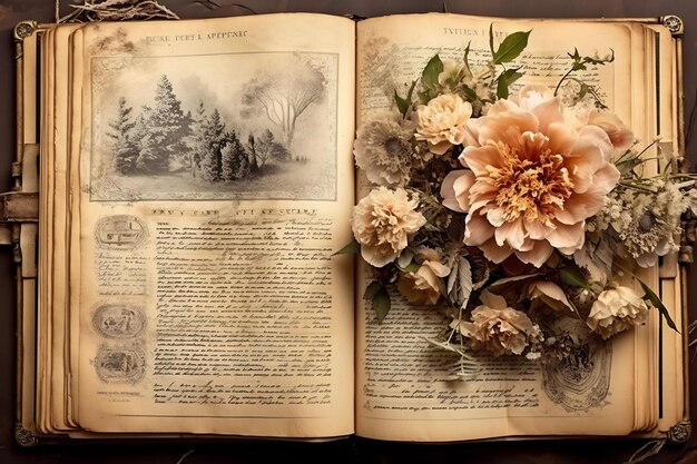 un libro aperto su una pagina con sopra un fiore