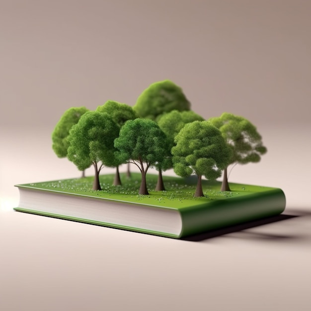 Un libro con degli alberi che si apre su una pagina che dice "la parola".