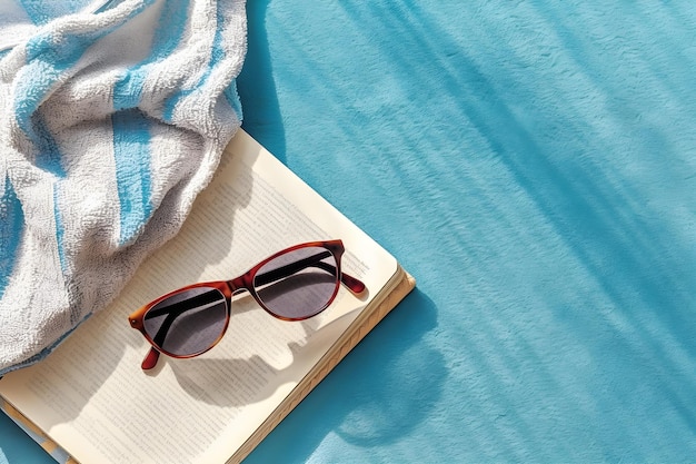 Un libro con gli occhiali da sole sopra e un asciugamano a righe sulla spiaggia.