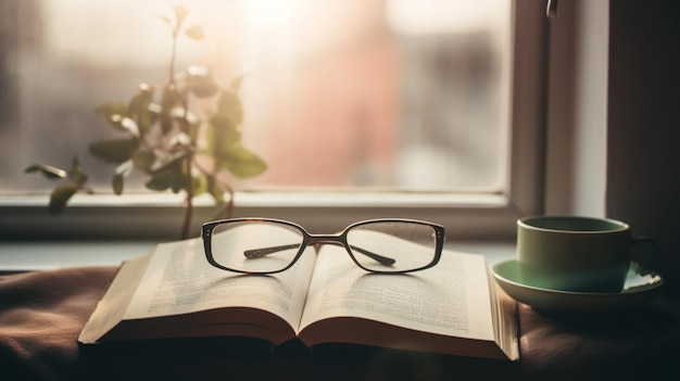 Un libro con gli occhiali sopra e una tazza di caffè sul davanzale della finestra.