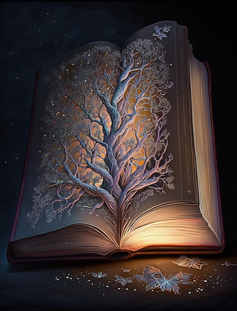 Un libro con sopra un albero illuminato.