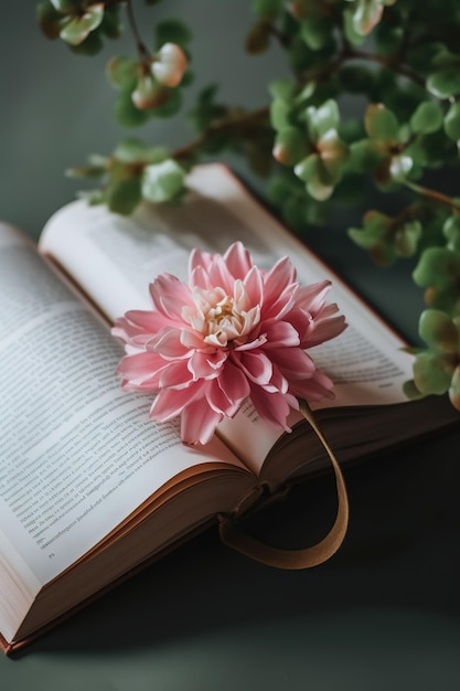 Un libro con sopra un fiore rosa