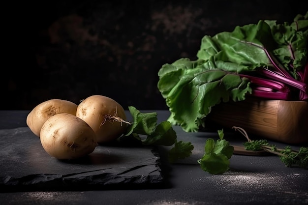 Un libro con sopra un libro e una pila di patate sul tavolo.