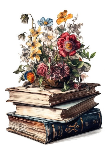 Un libro con sopra un mazzo di fiori