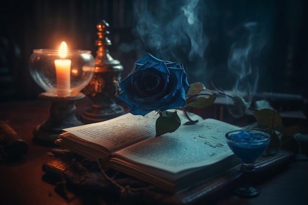 Un libro con sopra una rosa blu e una candela sullo sfondo