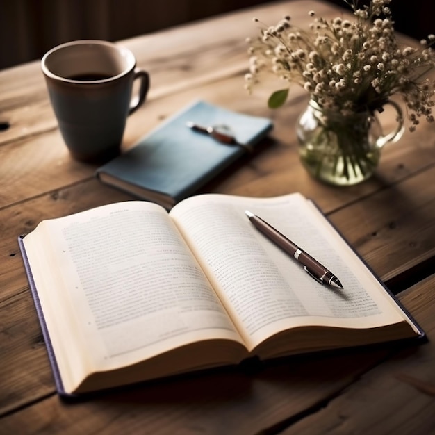 un libro con una penna su di esso si siede su un tavolo di legno accanto a una tazza di caffè