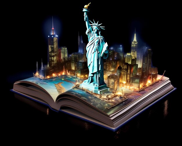 Un libro con una Statua della Libertà e una città Generativa AI