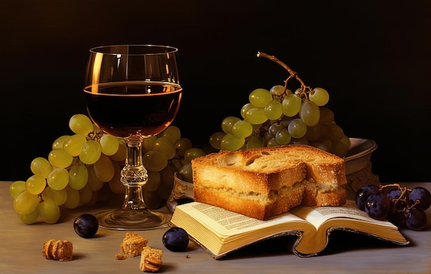 un libro con uva e vino per il pane