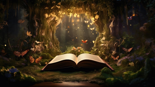 Un libro di fantasia magico, sognante, una favola, una foresta scintillante, una giungla, la luce del sole.