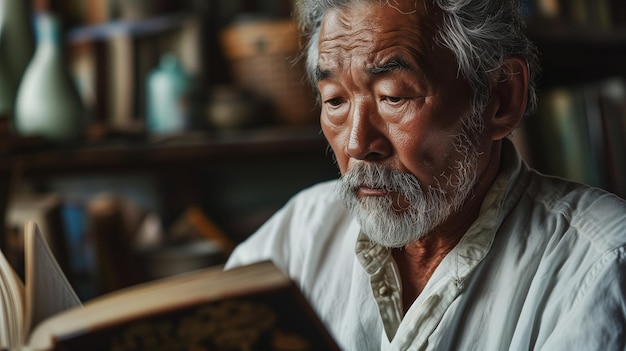 Un libro di lettura asiatico per anziani a casa