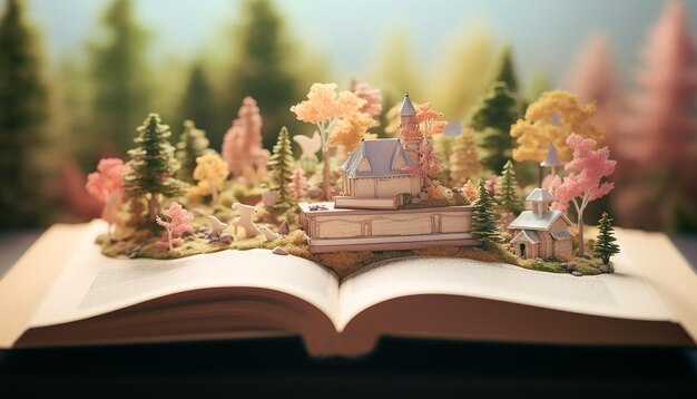 Un libro di storie aperto con l'immagine della storia in cima al libro in 3D colore pastello sfocato sfondo