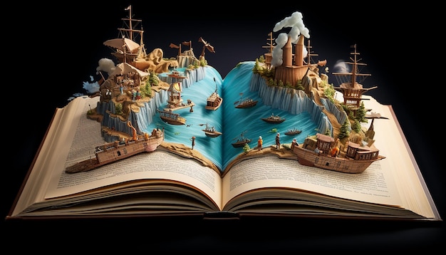 Un libro di storie aperto con l'immagine della storia in cima al libro in 3D