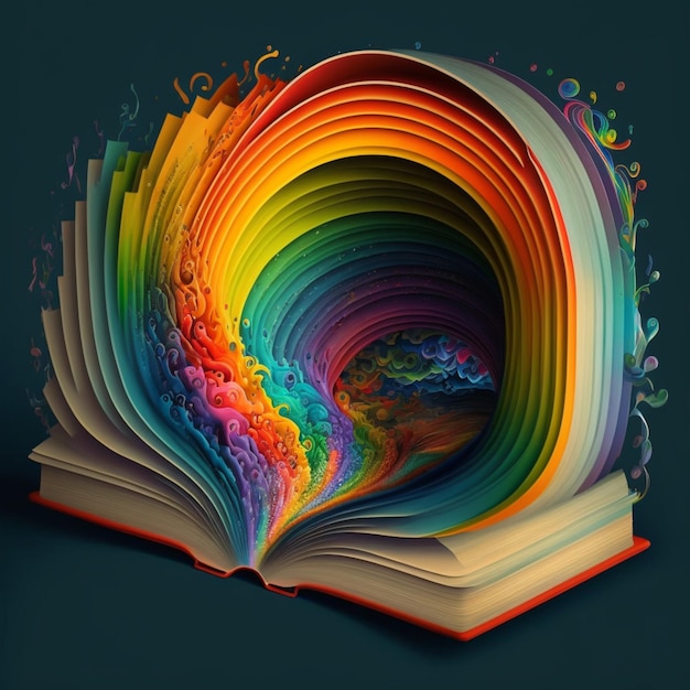 Un libro è aperto su una pagina che ha al centro una pagina color arcobaleno.