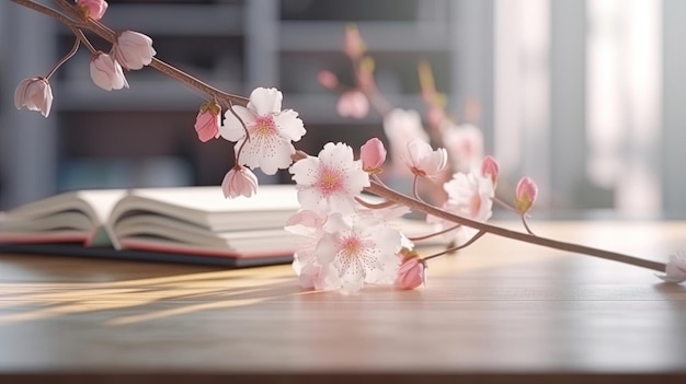 Un libro e un ramo di fiori di ciliegio su un tavolo