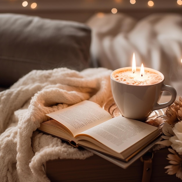 Un libro e una tazza di caffè siedono su un tavolo con sopra una coperta e una coperta con dei fiori.