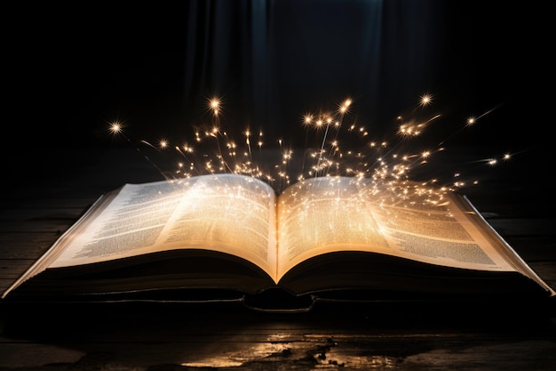 Un libro illuminato nell'oscurità che emana un bagliore ultraterreno che evoca un senso di mistica e intriga.