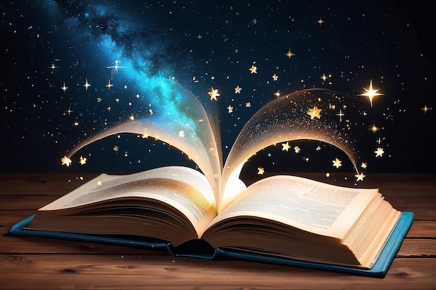 Un libro magico aperto con stelle luminose.