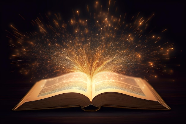 Un libro magico su uno sfondo scuro con luce e scintille la generazione AI dell'illustrazione della Bibbia