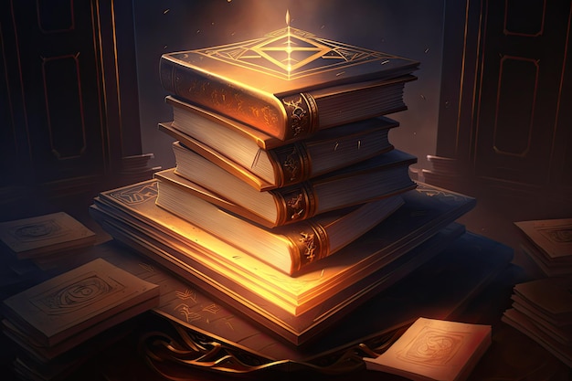 Un libro misterioso con una copertina dorata in cima a una pila di altri libri in una biblioteca