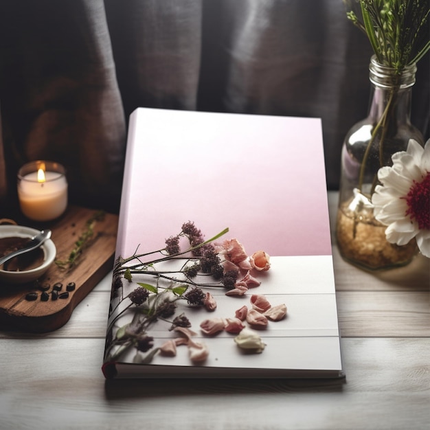 Un libro rosa con fiori accanto a una candela e un vaso con una candela.