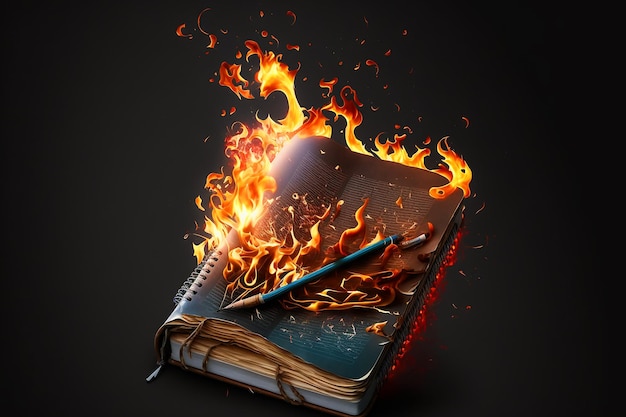 Un libro sta bruciando su uno sfondo nero con una penna al centro.